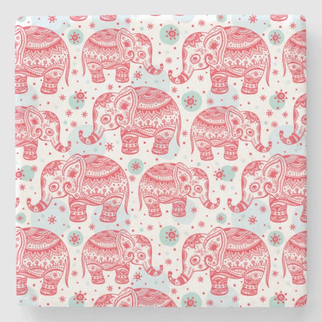 Red Ethnic Elephant Pattern Stone Coaster (Front)
