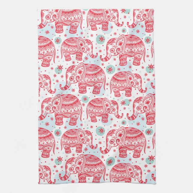Red Ethnic Elephant Pattern Tea Towel (Vertical)