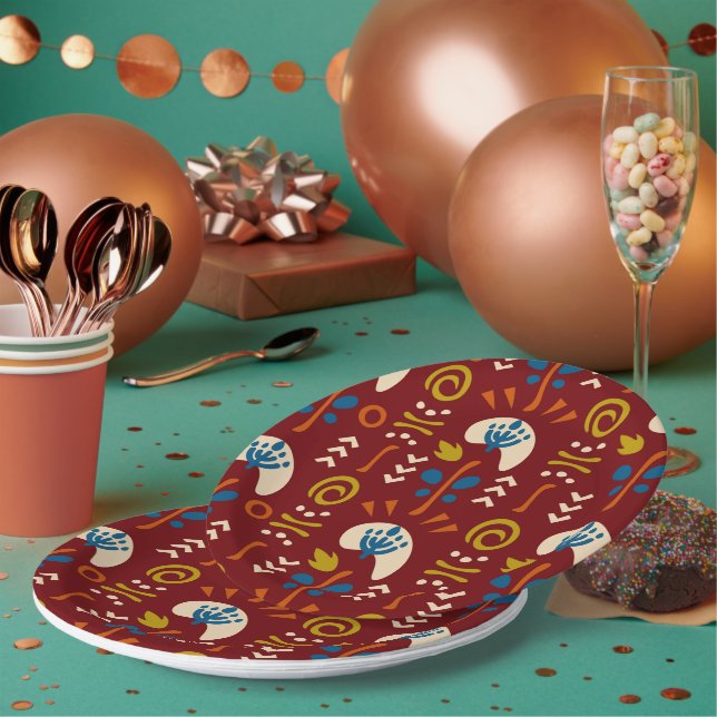 Red Ethnic Summer Boho Floral Pattern Paper Plate (Multi)
