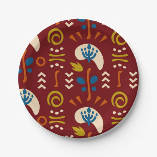Red Ethnic Summer Boho Floral Pattern Paper Plate