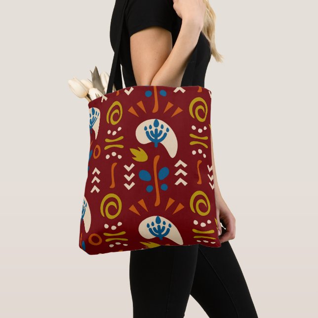 Red Ethnic Summer Boho Floral Pattern Tote Bag (Close Up)