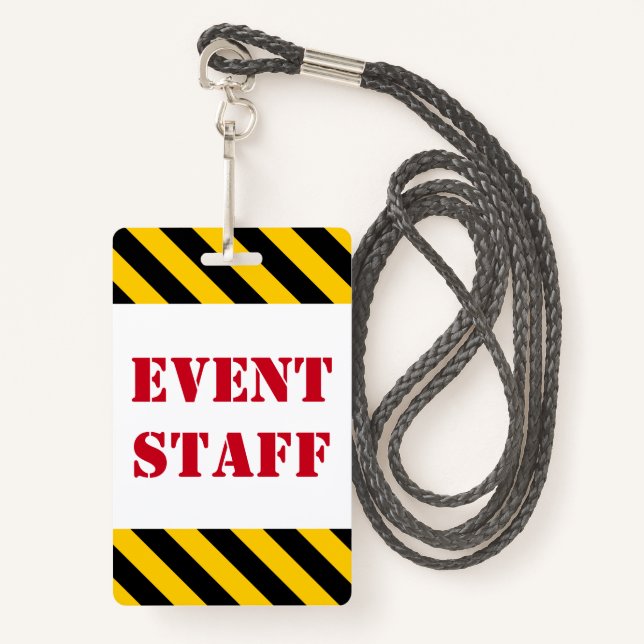Red "EVENT STAFF" + Black & Yellow Stripes Badge ID Badge (Front with Lanyard)