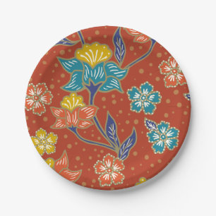 Red exotic Indonesian floral batik pattern Paper Plate