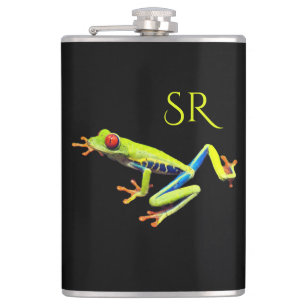 Red Eyed Painted Tree Frog Monogram Hip Flask