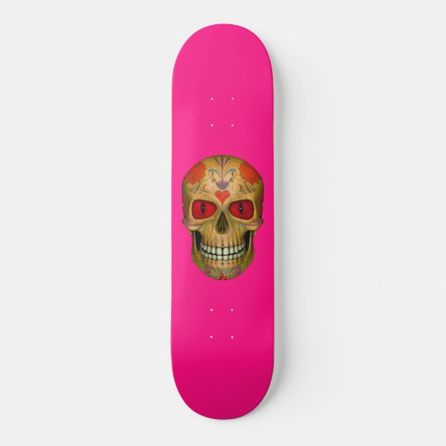 Red Eyed Sugar Skull Zombie Hot Pink Skateboard (Front)