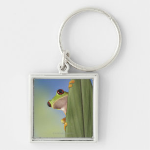 Red Eyed Tre Frog Peeking From Behind a Leaf Key Ring