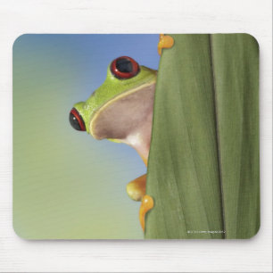 Red Eyed Tre Frog Peeking From Behind a Leaf Mouse Pad