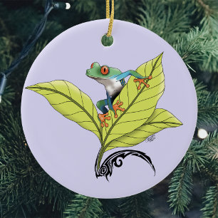 Red Eyed Tree Frog Green Leaves Lavender Ceramic Tree Decoration