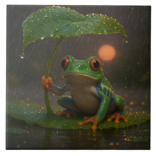 Red Eyed Tree Frog Leaf Umbrella in Rain Tile