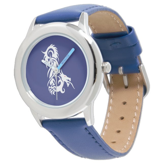 Red eyes white dragon on blue watch (Angled)