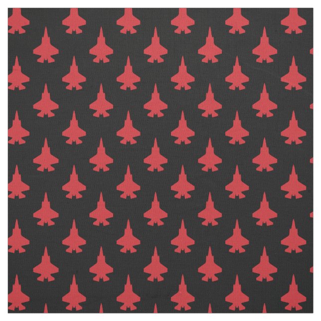 Red F-35 Lightning Fighter Jet Pattern on Black Fabric (Swatch)