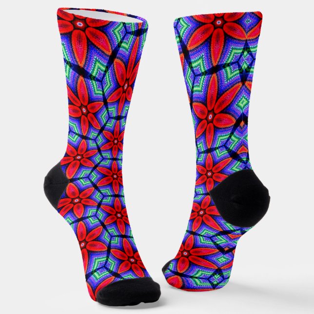 Red Fabrics Flowers Pattern Socks (Angled)