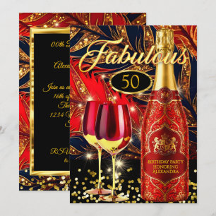 Red Fabulous Birthday Party Gold Champagne Glasses Invitation
