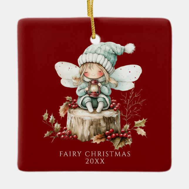 Red Fairy Merry Christmas  Ceramic Ornament (Front)