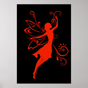 Red Fairy Silhouette Elegant Winged Fantasy Poster