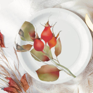 Red Fall Berries Watercolor Floral Paper Plate