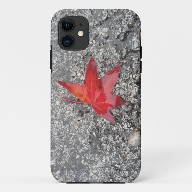 Red fall leaf in rain on grey textured road Case-Mate iPhone case (Back)