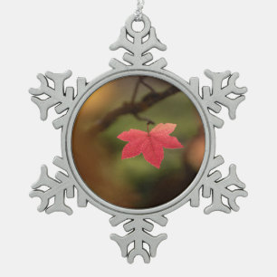 Red Fall Leaf Nature Photo Snowflake Pewter Christmas Ornament