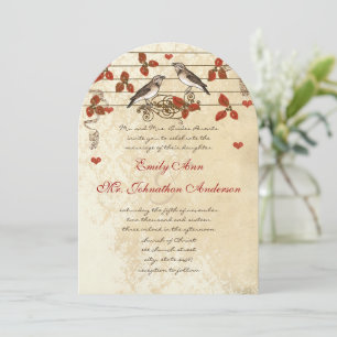 Red Fall Leaf Vintage Lovebird Wedding Invitation