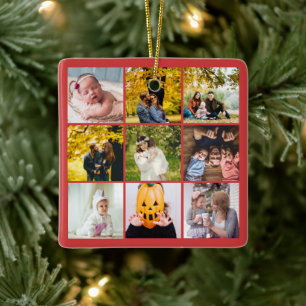 Red Family Photo Collage Christmas Memories Ceramic Ornament
