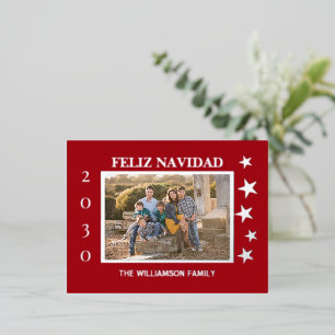Red Family Photo Feliz Navidad Gold Foil  Holiday Postcard