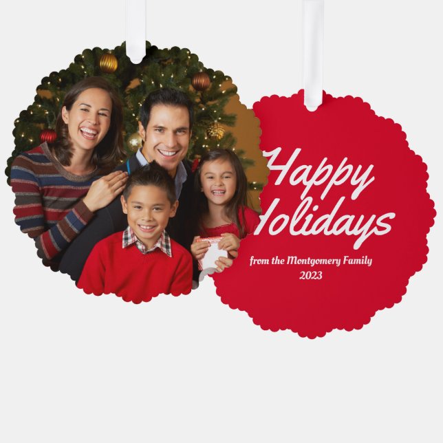 Red Family Photo Happy Holidays Tree Decoration Card (Front/Back)