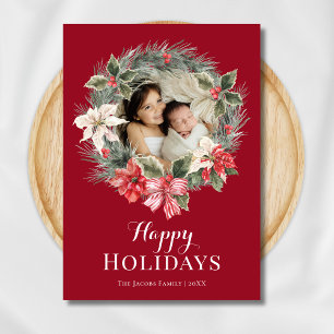 Red Family Photo in Wreath Christmas Holiday Card