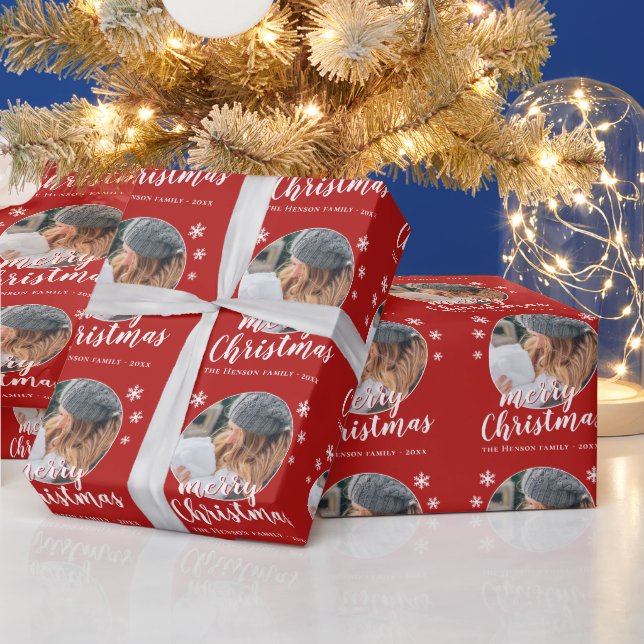 Red Family Photo Snowflake Merry Christmas Wrapping Paper (Holidays)