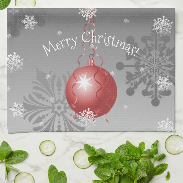 Red Fancy Christmas Ornament Kitchen Towel (Folded)