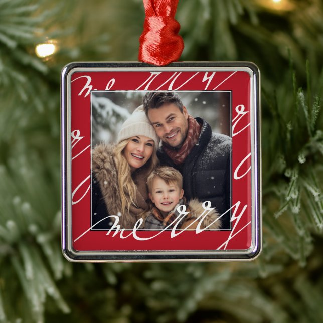 Red Fancy Script "Merry" Christmas Photo Metal Tree Decoration (Tree)