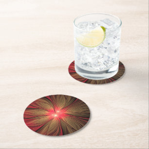 Red fansy fractal flower round paper coaster
