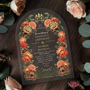 Red Fantasy Enchanted Floral Garden Wedding Arch Acrylic Invitations
