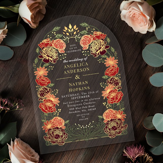 Red Fantasy Enchanted Floral Garden Wedding Arch Acrylic Invitations (Creator Uploaded)