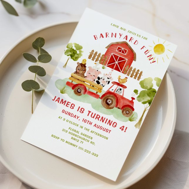 Red Farm animals 4th birthday party Invitation (Creator Uploaded)