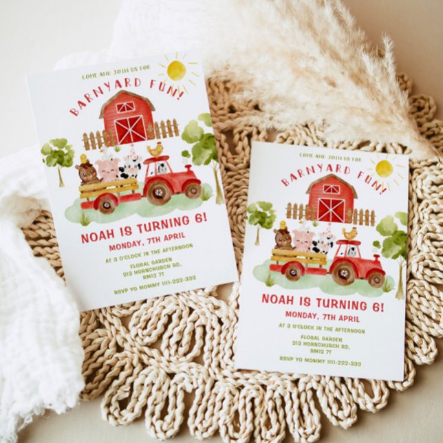 Red Farm animals 6th birthday party Invitation (Creator Uploaded)