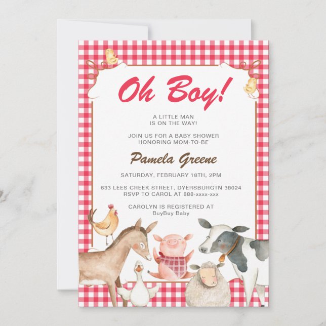 Red Farm Animals Baby Shower Invitation Party (Front)