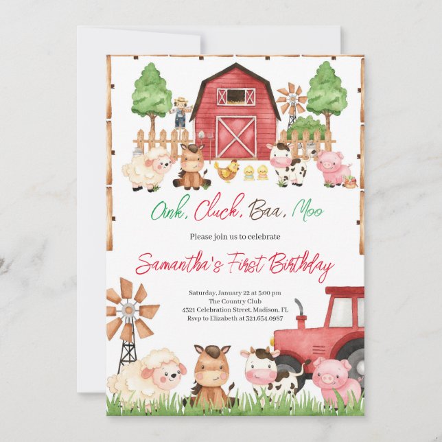 Red Farm Animals Birthday Party Invitation (Front)