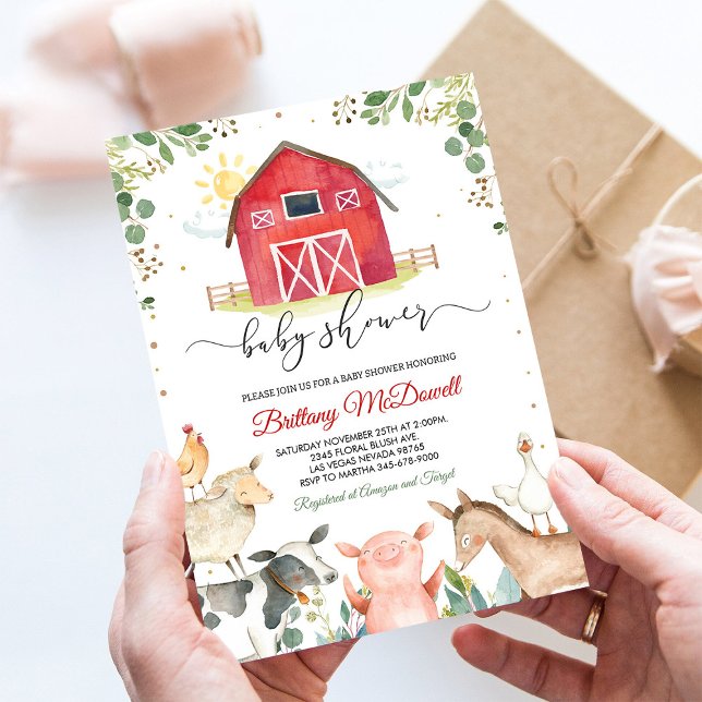 Red Farm Animals Boy Baby Shower Invitation (Creator Uploaded)