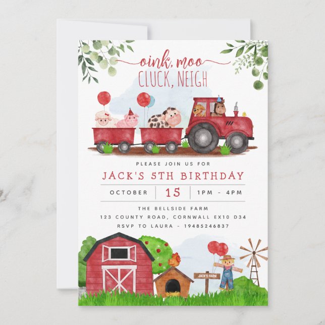 Red Farm Barnyard Animals Birthday Invitation (Front)