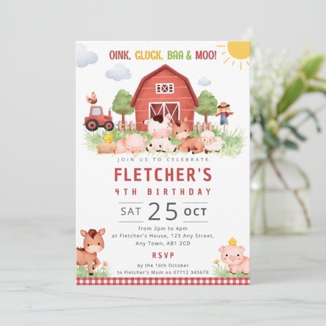Red Farm Birthday Party Invite Barnyard Animals (Standing Front)