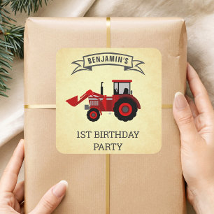 Red Farm Tractor Kids Birthday Party Favour Sticke Square Sticker