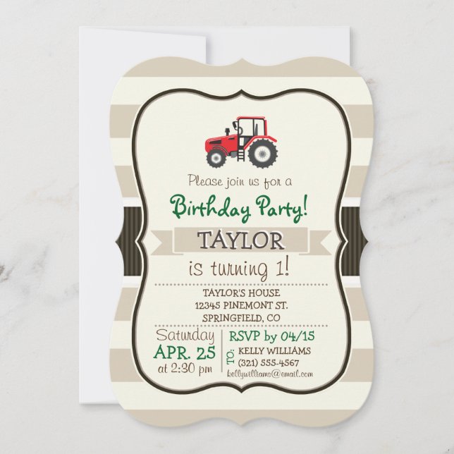 Red Farm Tractor on Tan Stripes Invitation (Front)
