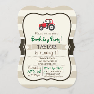 Red Farm Tractor on Tan Stripes Invitation
