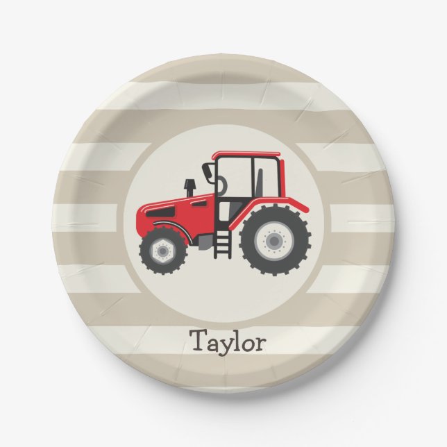 Red Farm Tractor on Tan Stripes Paper Plate (Front)