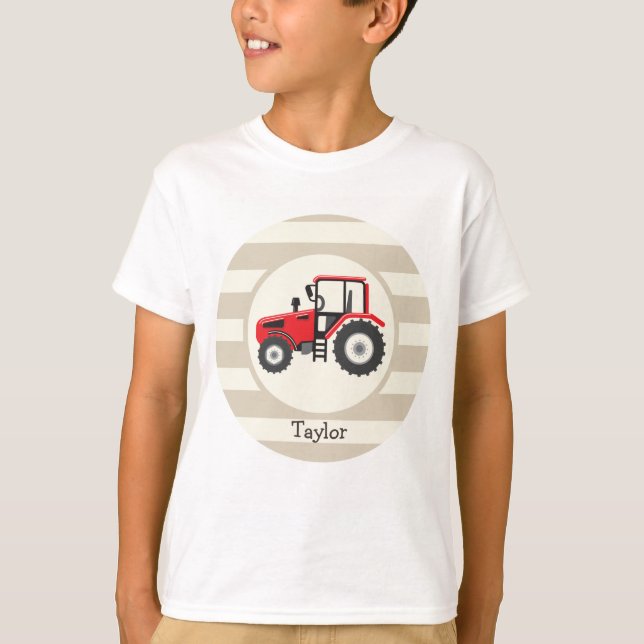 Red Farm Tractor on Tan Stripes T-Shirt (Front)