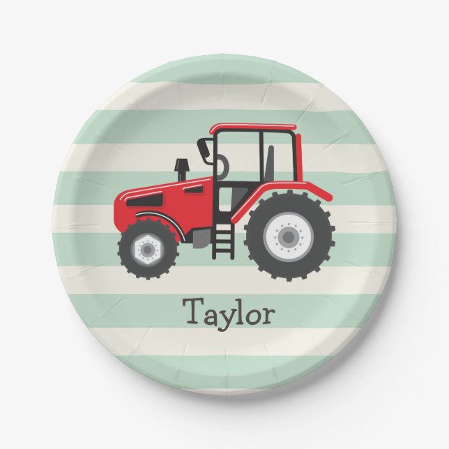 Red Farm Tractor Paper Plate (Front)