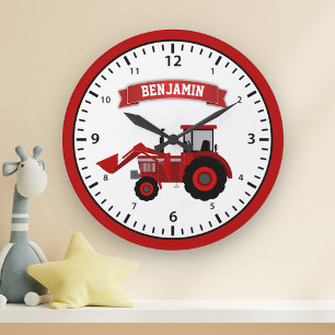 Red Farm Tractor Personalized Name Kids Room Large Clock