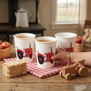 Red Farm Tractor Vehicle Paper Cups