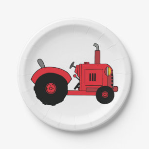Red Farm Tractor Vehicle Paper Plate