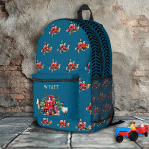 Red Farm Tractors Kids Personalized Teal Blue Printed Backpack